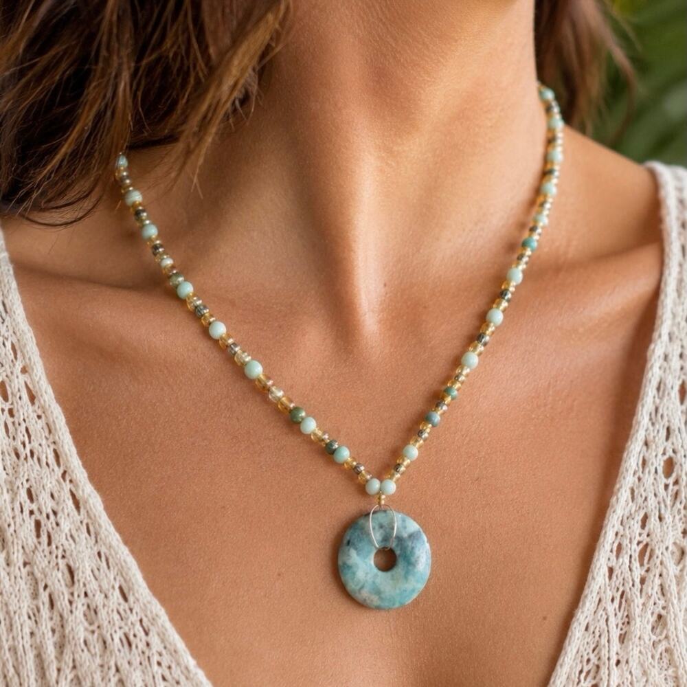 Boho Beaded Stone Donut Pendant Necklace Aqua Green Artisan Statement